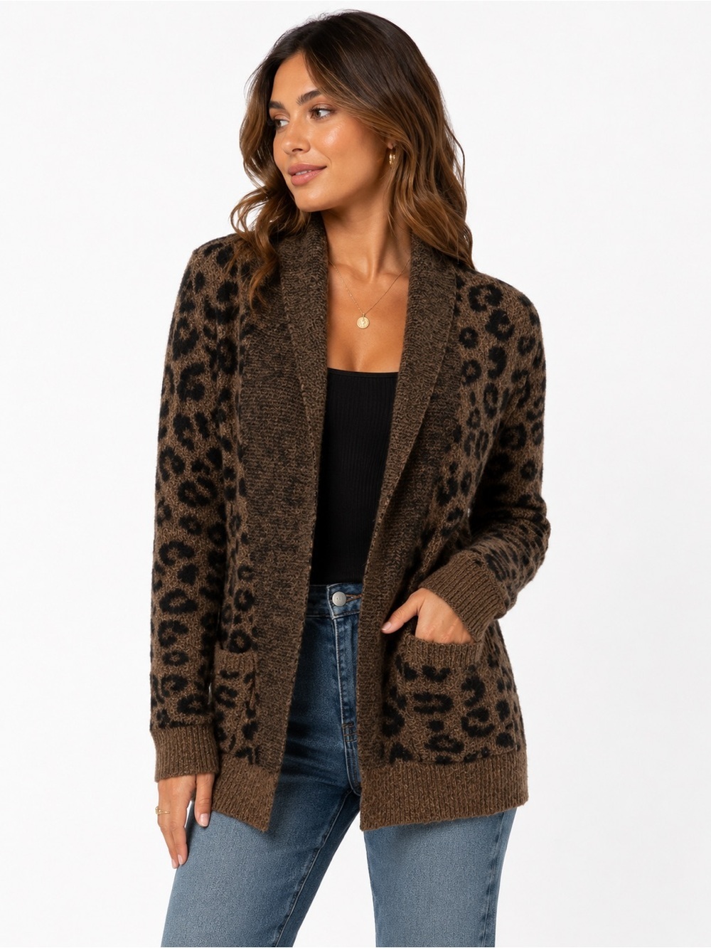 Leopard Print Open Front Cardigan Sweater - Brown - Picture 1 of 4
